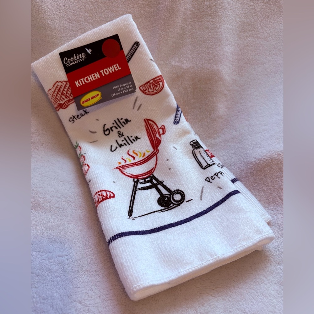 Kitchen Towel - White with Red and Black Grill Design